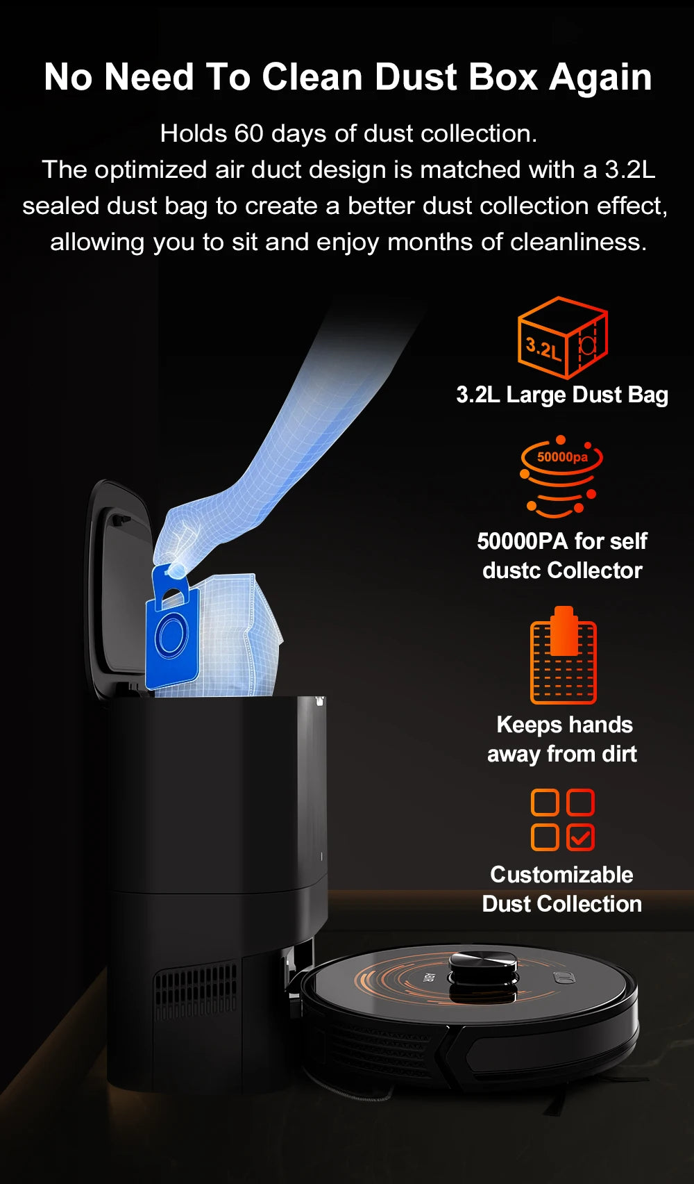 Robot Vacuum Cleaner K30 Self-cleaning dustbin, Dual Laser,UV Spot Cleaning,240mins Runtime, Auto Smart Carpet Floor Washing