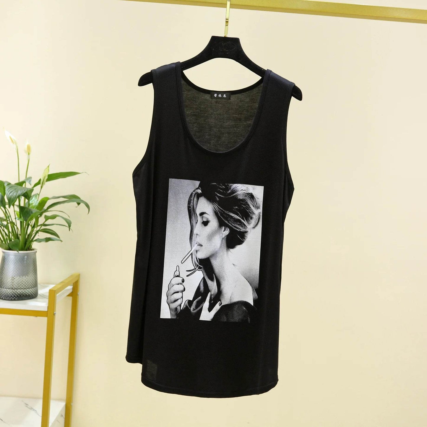 Women Long Tank Tops O-Neck Fashion Print Beauty's Head Casual Loose sleeveless T-shirt streetwear camis tops - AIAZ