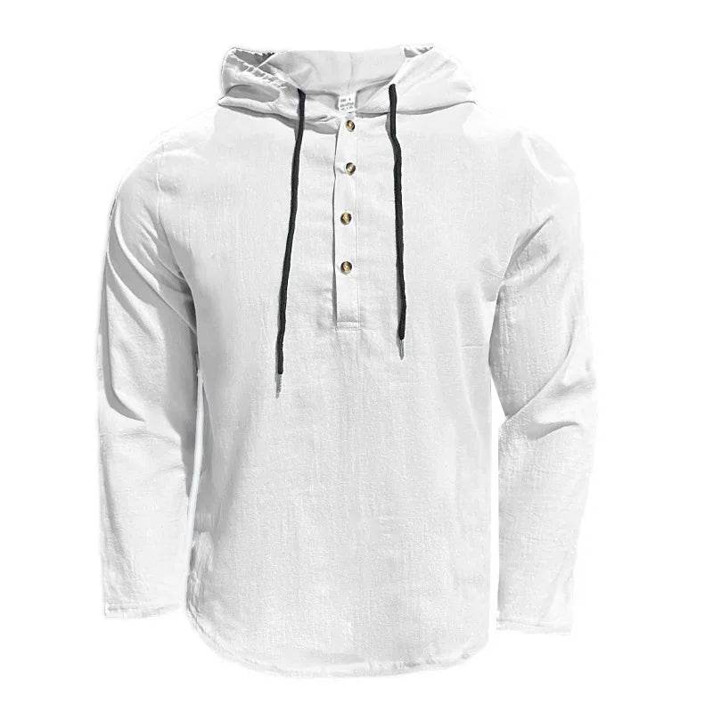 24 New cotton and linen shirts hooded loose large size casual sweater long sleeve hoodie men - AIAZ