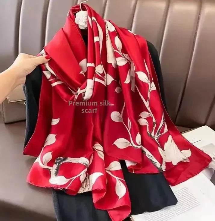 New Summer Women's Silk Scarf Sun Protection Satin Print Extra Long Beach Cover Up Decorative Mom's Shawl Fashionable Accessory - AIAZ