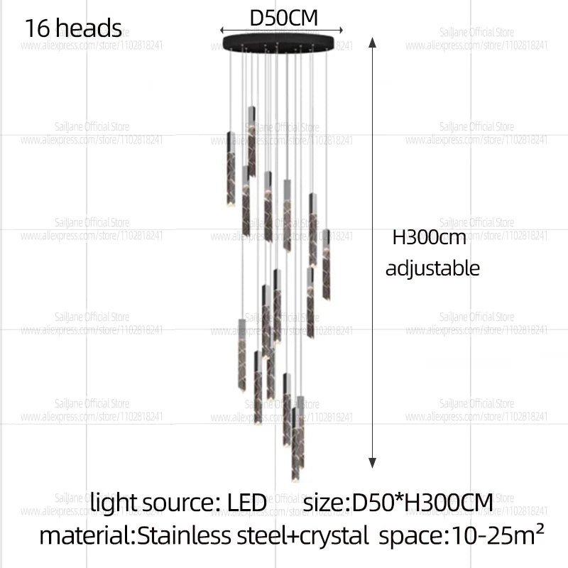 Modern LED Living Room Pendant Light Staircase Pendent Lamp Doublelayer Attic Spiral Long Ceiling Lamp Villa Crystal Chandelier