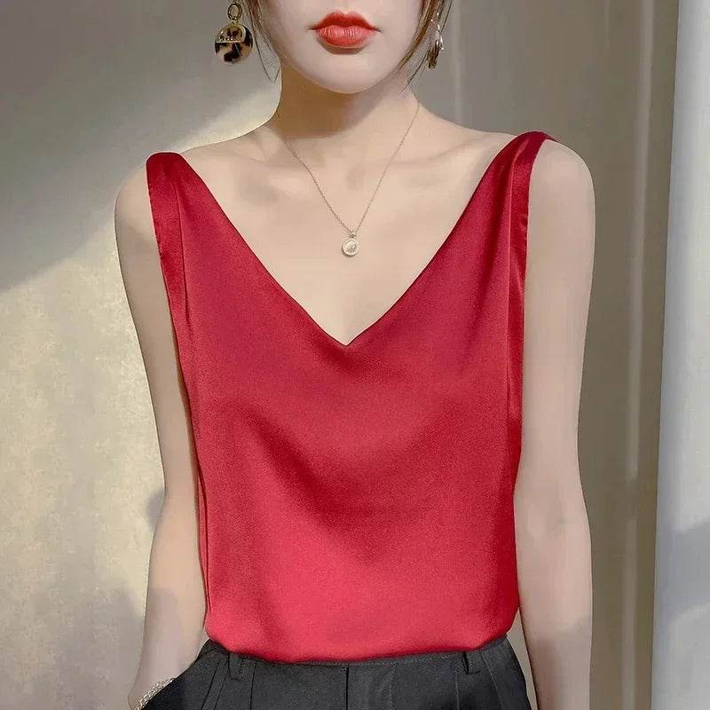 Woman T-shirts Elegant SILK Satin Blouse Sleeveless Female Summer 2025 Casual Loose Tanks and Camis Solid Green Tops for Women - AIAZ