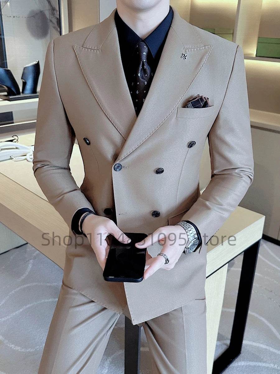 Fashion Navy Blue Business Men Suit Groom Wedding Party Prom Formal Occasion Tuxedos 2 Piece Clothes Set Peak Lapel Blazer Pants - AIAZ