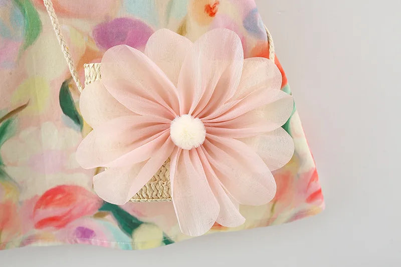 2 Pcs summer baby girl dress with sweet large flower doll collar sleeveless cotton dress paired with large flower crossbody bag