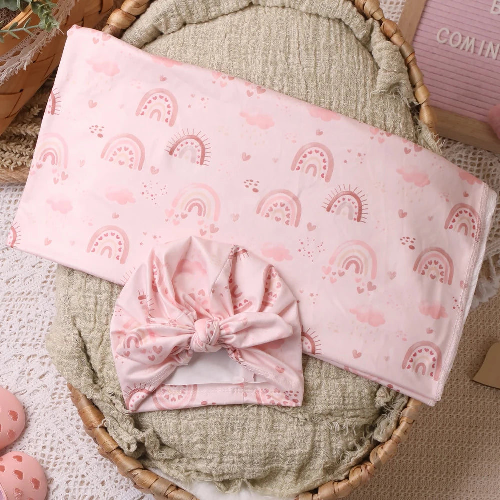 Ylsteed Newborn Receiving Photography Swaddle Blanket with Bow Turban Hat Infant Photography Props New born Photoshooting Wraps