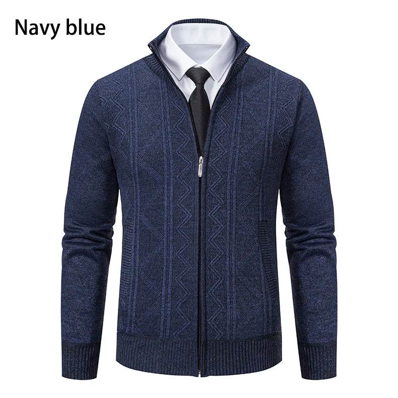 Thickened jacket men's autumn and winter warm trend line stand collar knitted cardigan sweater coat - AIAZ