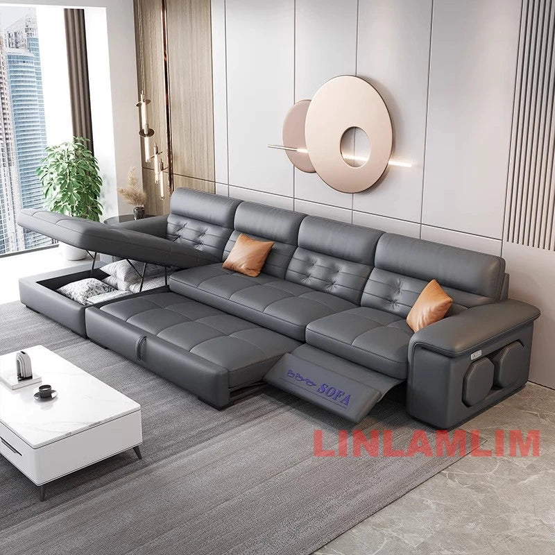 MINGDIBAO Sectional Sofa Bed with Storage, Genuine Leather Reclining Couch, Space-Saving Convertible Sleeper Sofa in Living Room