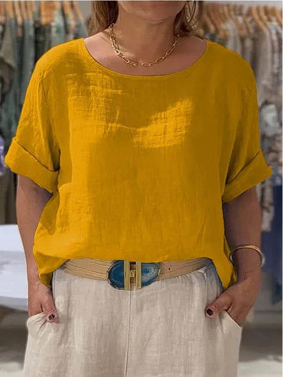 Women's Shirt Summer Fall New Solid Top Fashion Mid-sleeve O-neck Cotton Linen Button-up Casual Loose Shirts For Women Clothing - AIAZ