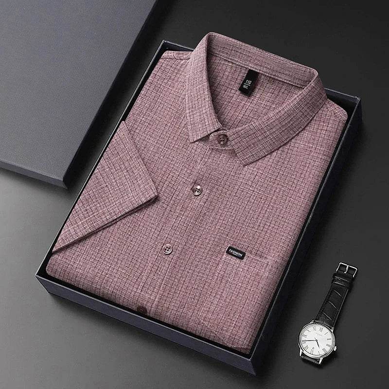 2025 Men's Business Casual Plaid Linen Short Sleeved Shirt Comfortable Top - AIAZ