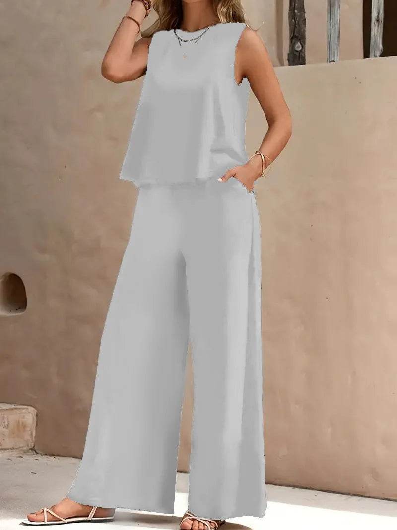 Women's Casual Set Solid Color Elegant Comfortable Round Neck Vest and Wide Leg Pants Two Piece Versatile Comfortable - AIAZ