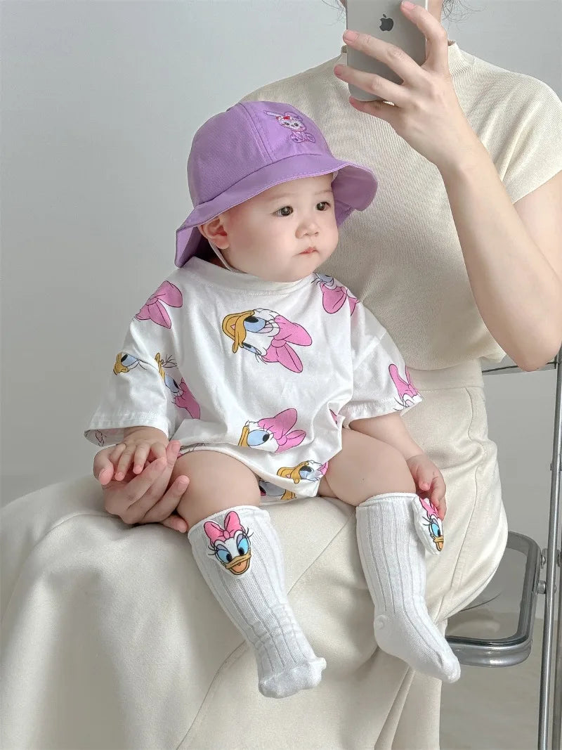 Baby Girls Bodysuits Boys Newborn Socks Hat 3PCS Clothes Set Short Sleeve Cartoon Daisy Donald Duck Infant Bodysuits K594-2