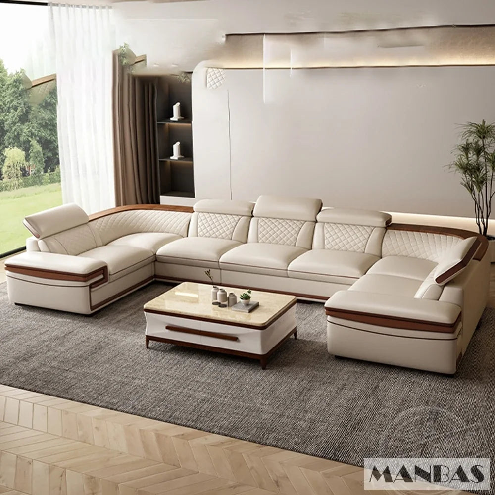 MINGDIBAO Premium Italian Genuine Leather Sofa Set for Living Room with Adjustable Headrests and Built-in Bluetooth Speaker, USB