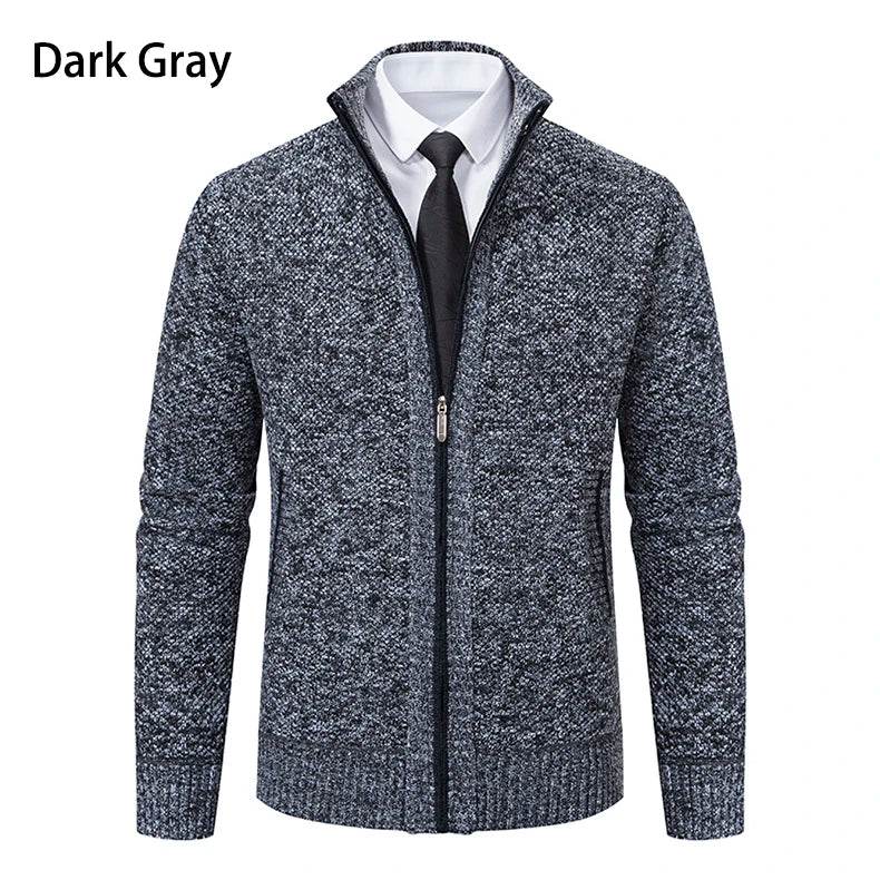 Autumn And Winter New Jersey Men's Casual Sports Coat Solid Color Stand Collar Wweater Grab Fleece Warm Zipper Cardigan - AIAZ