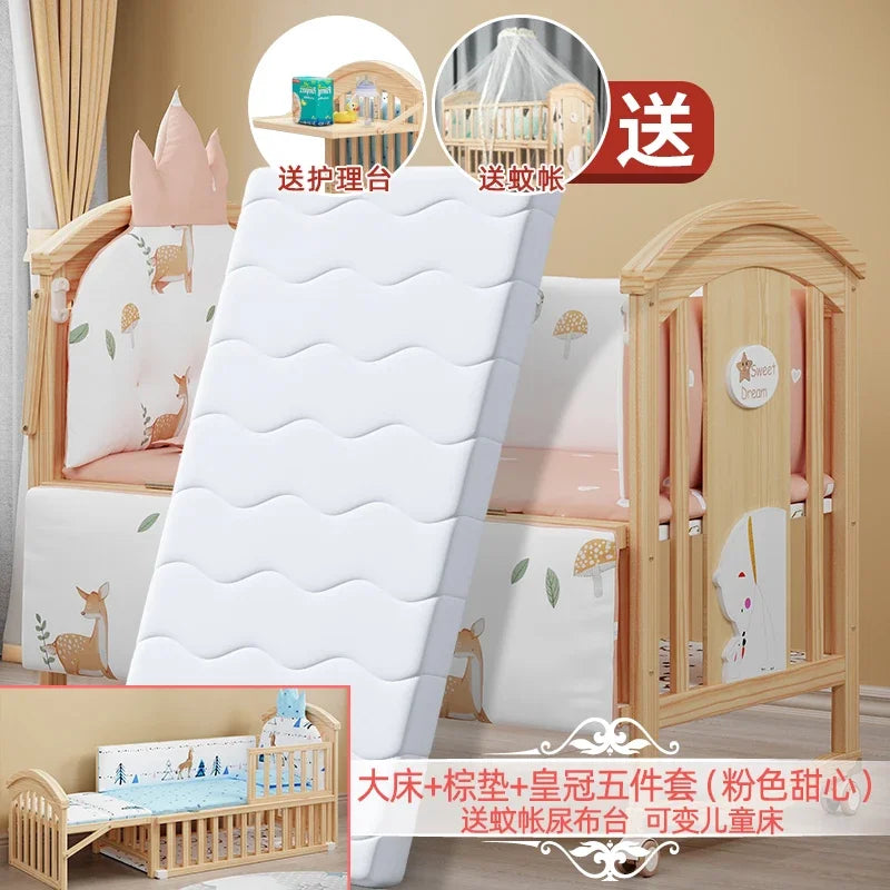 Baby Crib Multifunctional BB Baby Crib Solid Wood Unpainted Cradle Bed Movable Newborn Children Splicing Large Bed