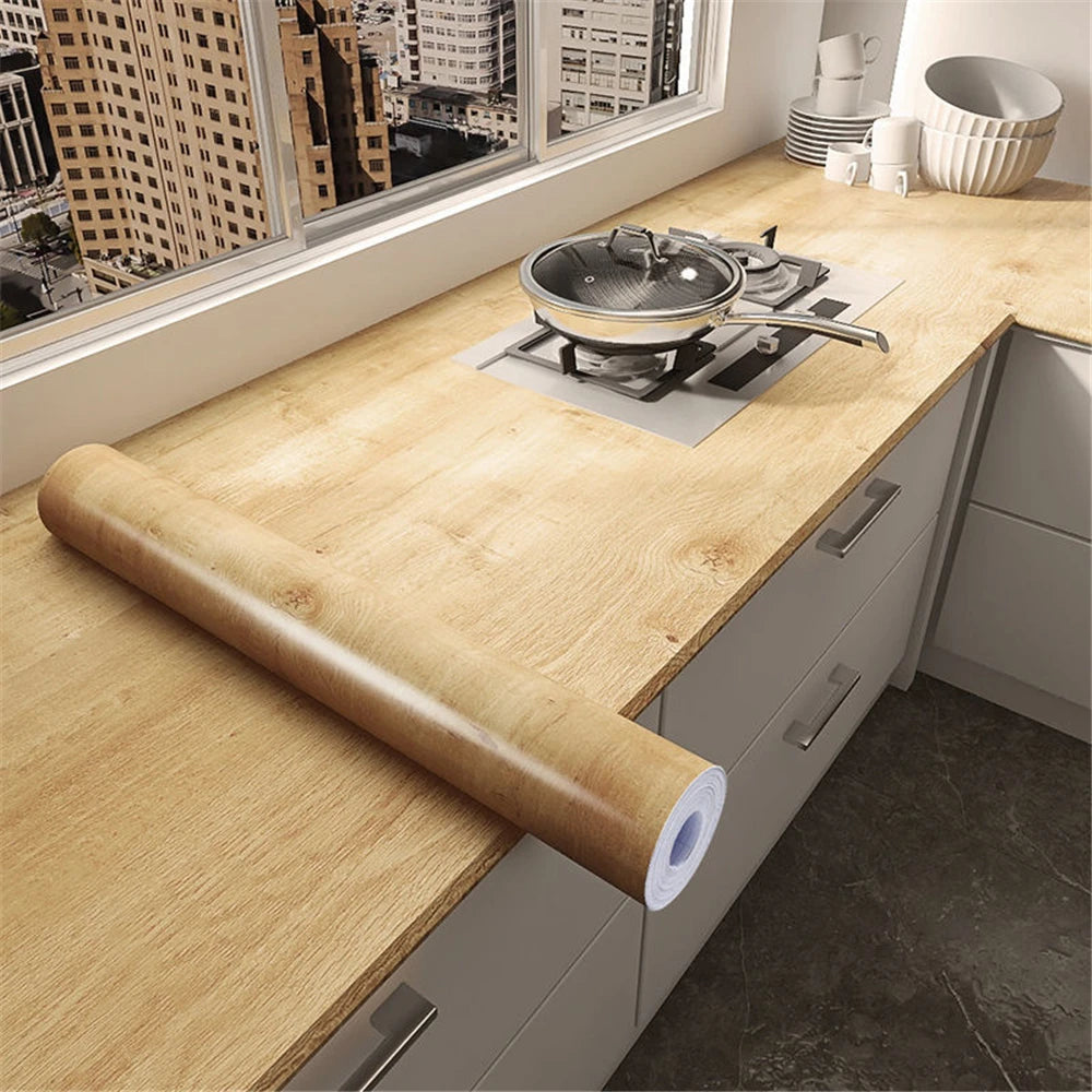 50cm Wide Wood Grain Home Decor Furniture Waterproof Vinyl Wall Sticker Self Adhesive PVC Wallpaper Kitchen Cabinet Door Sticker