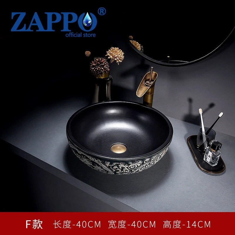 ZAPPO Round Vessel Sink with Faucet Drain JinDezhen Ceramic Vessel Sinks Oval Bathroom Sink Bowl Above Counter with Mixer Tap