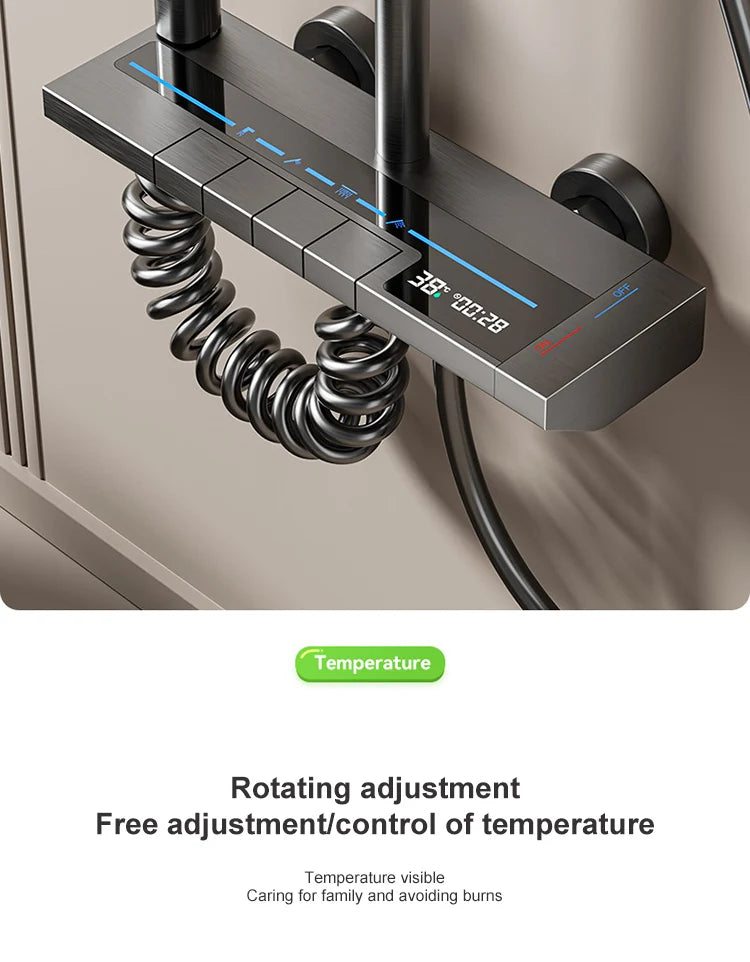 Bathroom Shower Full Set Gray Digital Display Shower System Set  Piano Button With Ambient Light Faucets Shower Head