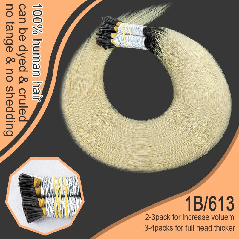 100% Human Hair Straight I Tip Hair Extensions Natural Real Human Fusion Hair Extensions Keratin Capsule Brown 613 Blonde Color