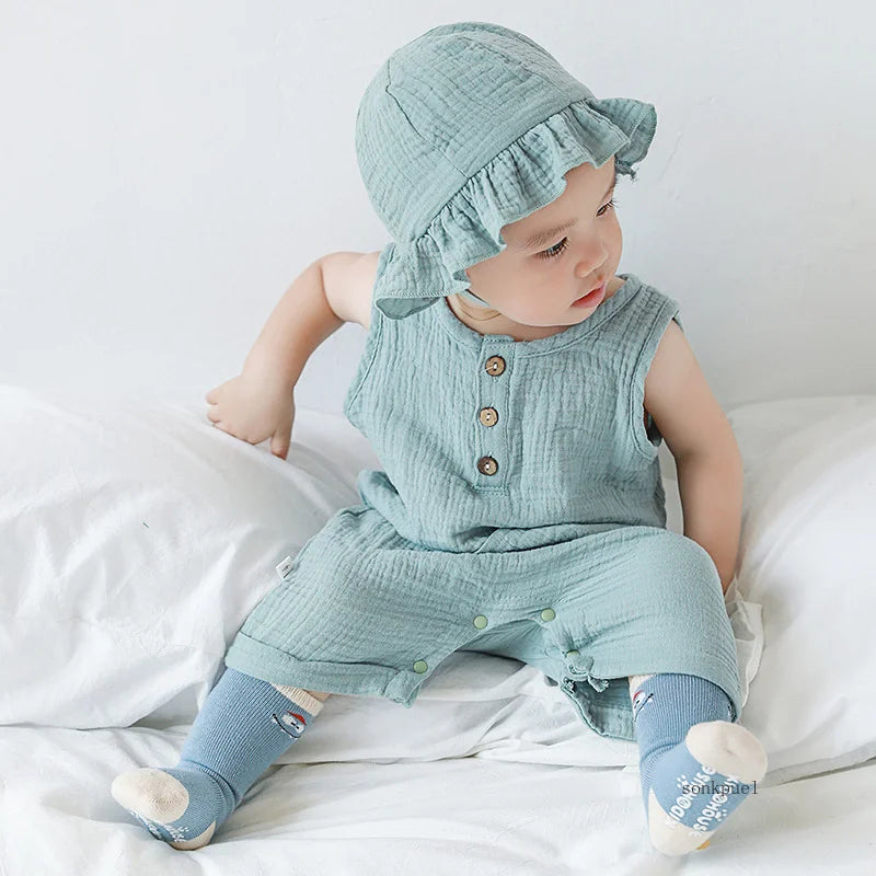 2Pcs/Set Baby Summer Clothing Solid Newborn Infant Romper With Hat Muslin Cotton Sleeveless Baby Boys Girls Jumpsuit Outfits