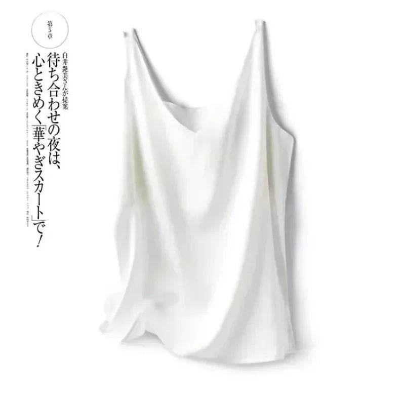 Woman T-shirts Elegant SILK Satin Blouse Sleeveless Female Summer 2025 Casual Loose Tanks and Camis Solid Green Tops for Women - AIAZ