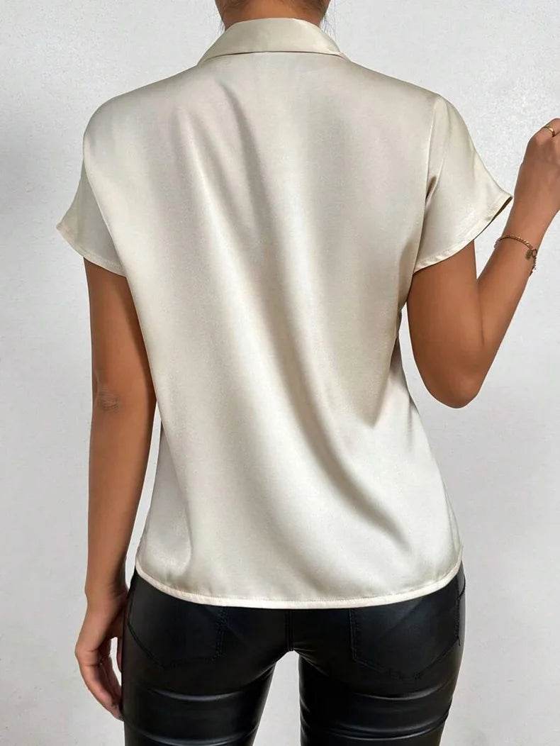 Women Shirt Fashion Bow Satin T-shirt Female Short Sleeve Solid Color All-match Pullover Tee Women's Temperament Summer Tops - AIAZ