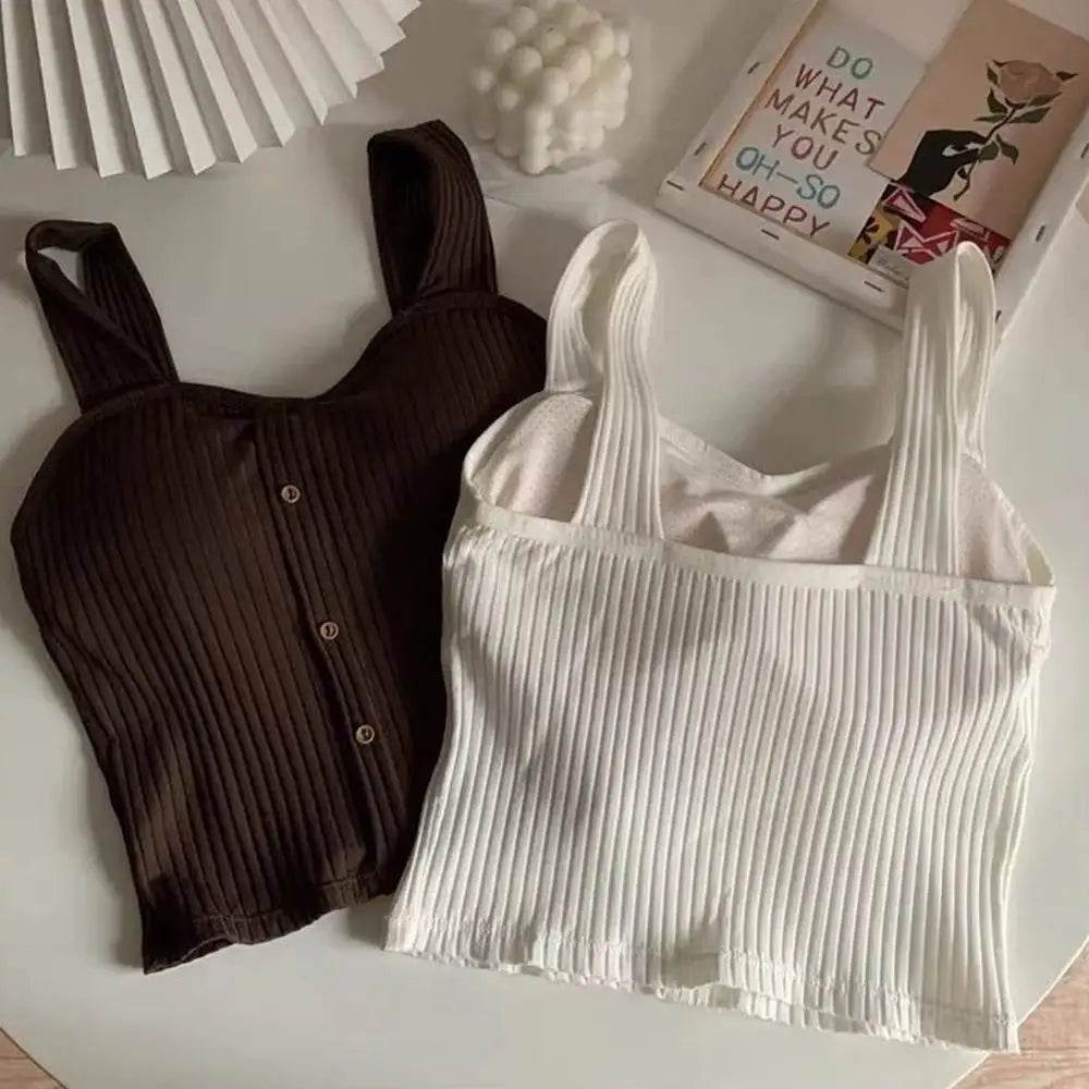 Women's Ribbed Tank Tops Y2K Cropped Tops with Bra Pads Knitted Button Down Suspenders Vest Sexy Camisole Female Short Tops - AIAZ