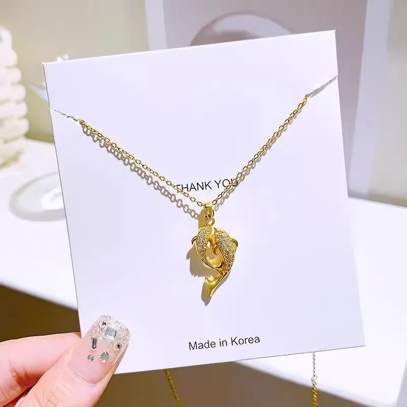 Exquisite titanium steel necklace with dolphin pendant,  sparkling zircon,  women's lock collar chain jewelry