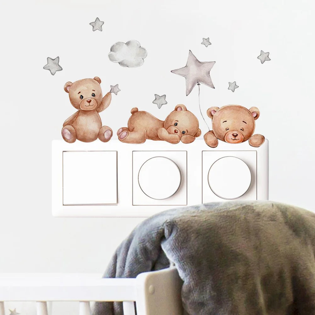 Cartoon Animal Bear Star Switch Sticker For Kids Room Decoration Decals Bedroom Home Decor Wallpaper Self-adhesive Wall Mural