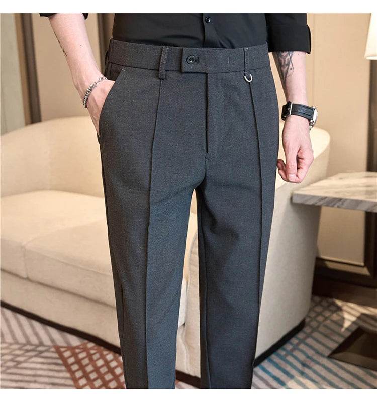 Men's business casual trousers, daily formal work pants, 2024 new high quality, plain color versatile ankle-length trousers. - AIAZ