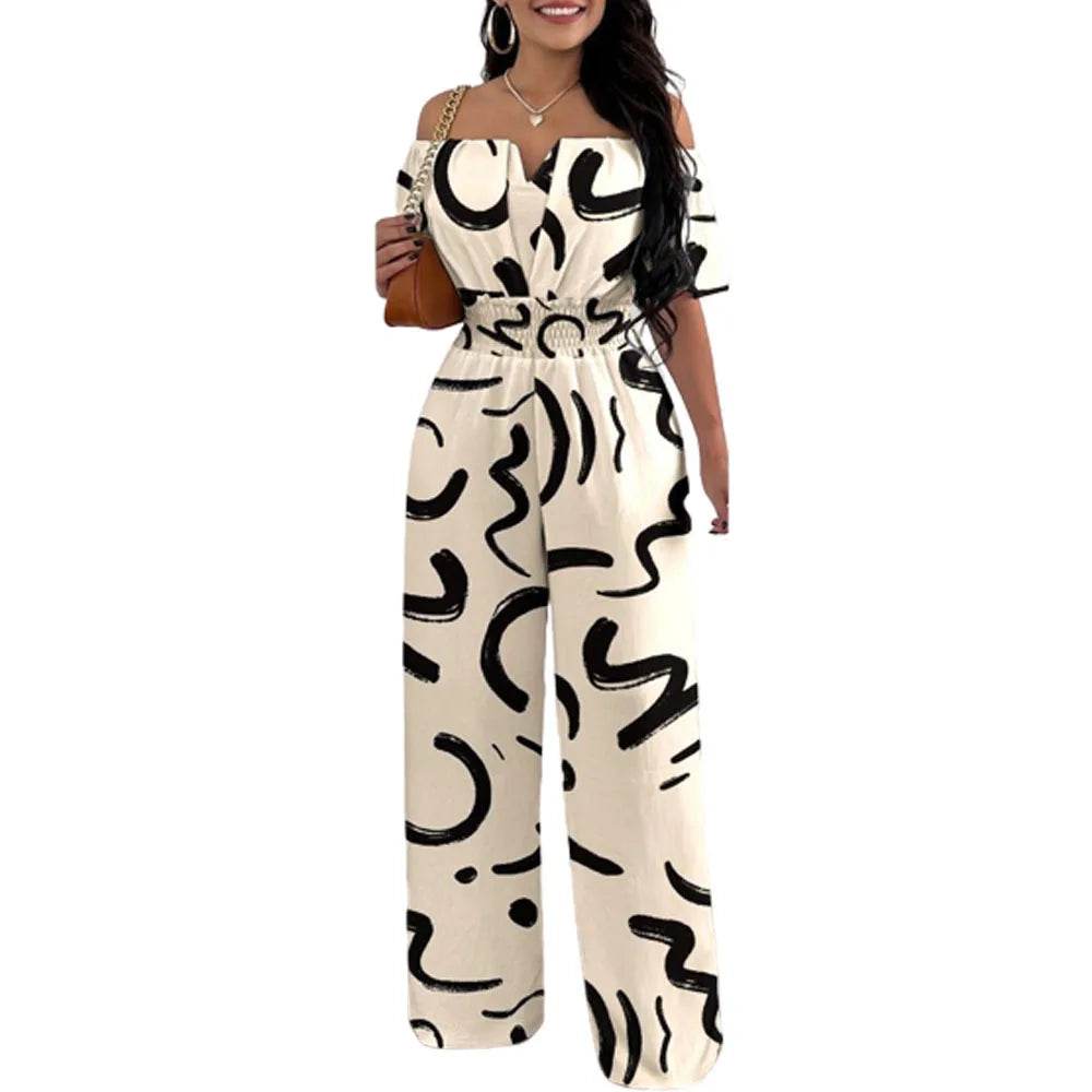 Lady Print High Waist Jumpsuit Sexy Off Shoulder Short Sleeve Wide Leg Pants Jumpsuits Women Fashion Casual Summer Women Clothes - AIAZ