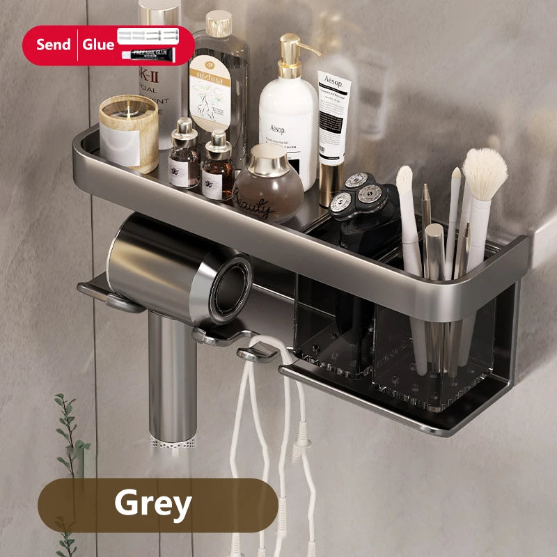 Hair Dryer Holder No punching Wall Mounted Bathroom Shelf Makeup Storage Organizer With Storage Box Aluminum Hair Dryer Rack