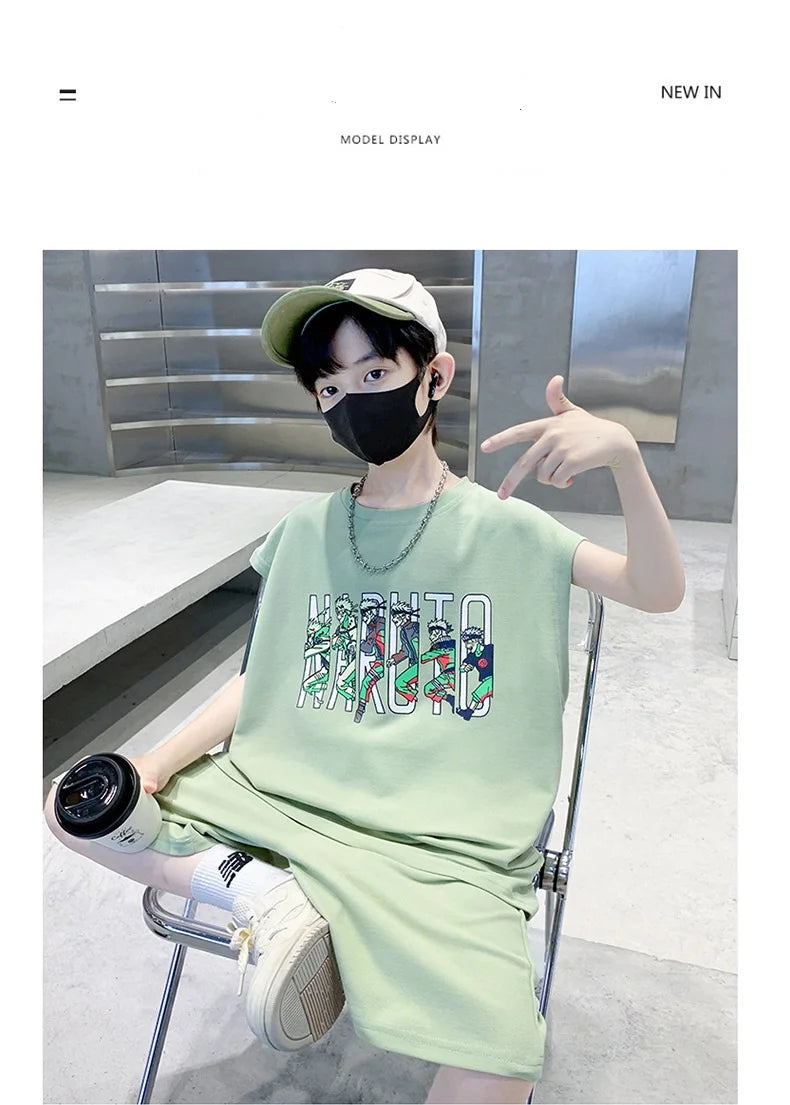 Summer Boys Cotton Sleeveless Cartoon T-Shirt Tops+Shorts Workout Sets School Kids 2PCS Tracksuit Children Jogging Outfit 5-16Yr