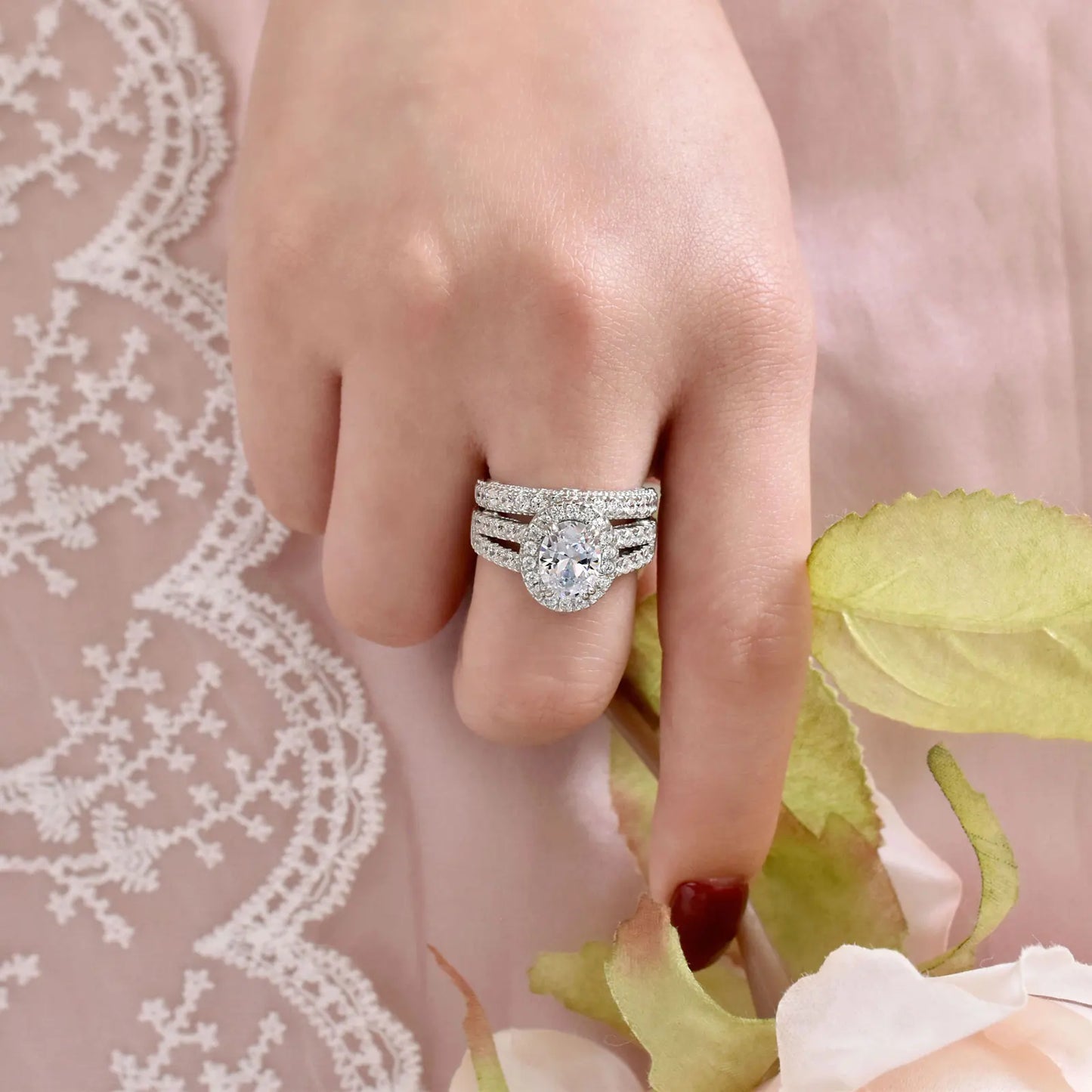 Newshe Vintage 4 Carats Oval Cut 5A Cubic Zircon Wedding Engagement Rings Set for Women Solid 925 Sterling Silver Bridal Jewelry