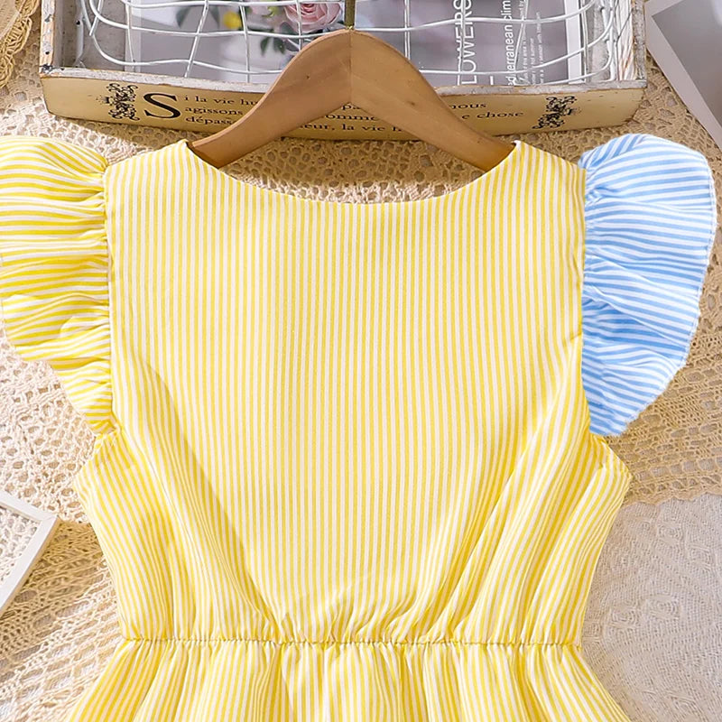 Girl Dress Summer New Light Blue Stripe Ruffled Sleeveless V-Neck Dress Elegant Cute Daily Casual Vacation Preppy Style Outifits