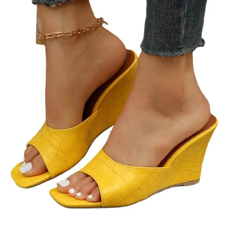 Snake Print Leather Wedges Shoes For Women Mules Slippers Summer Square Toe High Heels Gladiator Sandals Slides 2023 - AIAZ