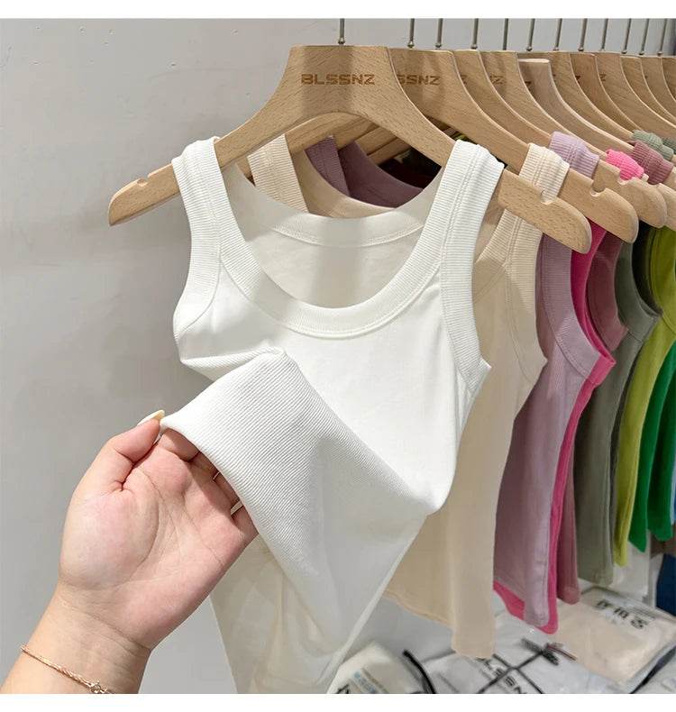 Women Solid Round Neck Ribbed Tank Top Camisole Women 2025 Summer Basic Elastic Tank Top O Neck Solid Tank Top - AIAZ
