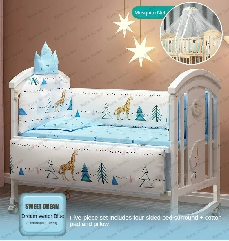 Solid wood spliced crib Multifunctional European style children's bed Movable newborn cradle large bed Baby Rest Chair