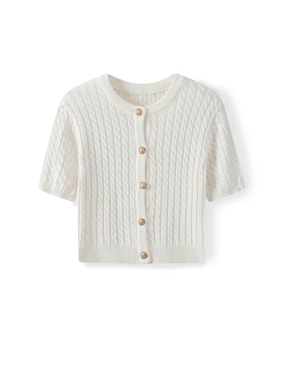 Women's Cable Knit Cardigan Solid Color Round Neck Short Sleeve Button-front Closure Crop Sweaters - AIAZ