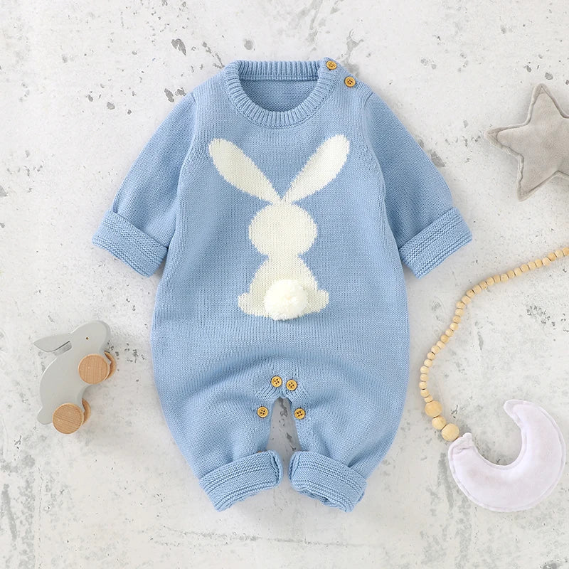 Cute Rabbit Knitted Baby Rompers Clothes Spring Autumn Crew Neck Long Sleeves Newborn Boys Girls Easter Jumpsuits Outfits 0-18m