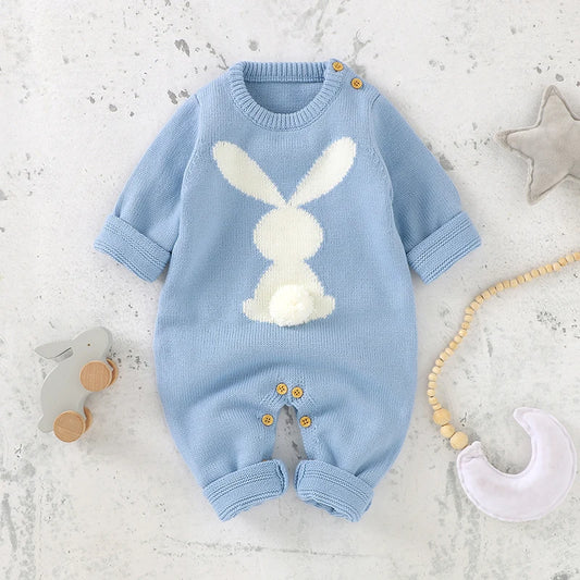 Cute Rabbit Knitted Baby Rompers Clothes Spring Autumn Crew Neck Long Sleeves Newborn Boys Girls Easter Jumpsuits Outfits 0-18m