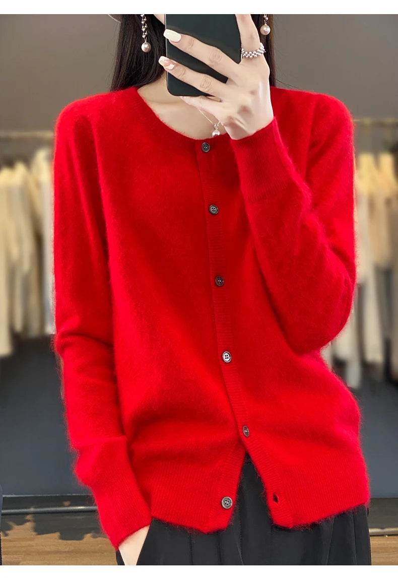 Women's Cardigan 100% Mink Cashmere Sweater,O-Neck Long Sleeve Top,Plus-Size Loose,Spring and Autumn Soft Knitted Jacket Female - AIAZ