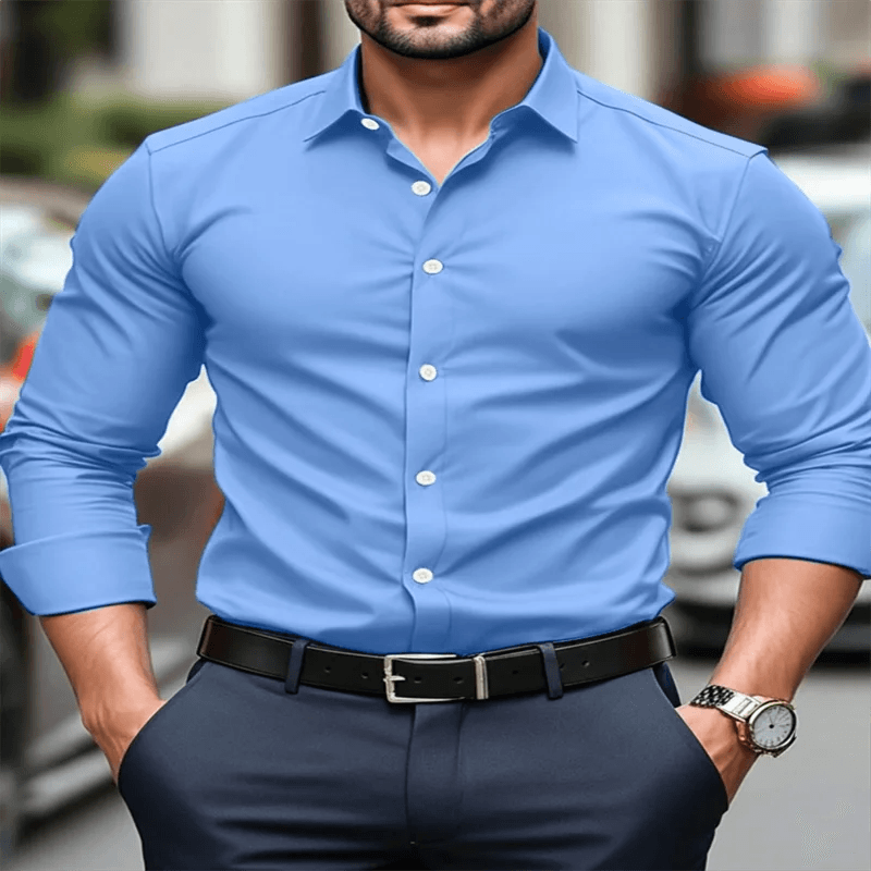 Men's classic formal navy blue dress shirt, long sleeve button down lapel shirt, slim fit, comfortable and soft - AIAZ