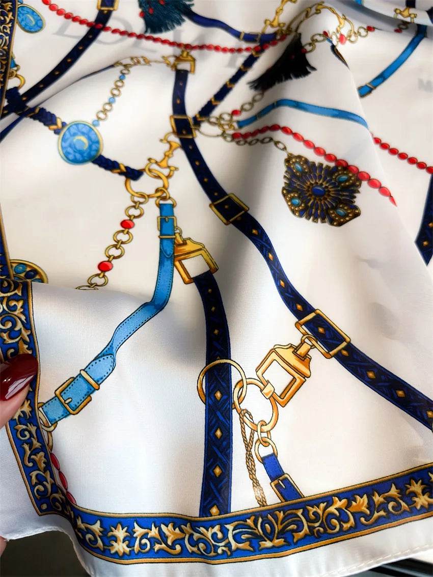 Luxury Chain Print Small Square Scarf Simulated Silk Thin Neck Scarf Fashion Sunscreen Headscarf For Women 70x70cm - AIAZ