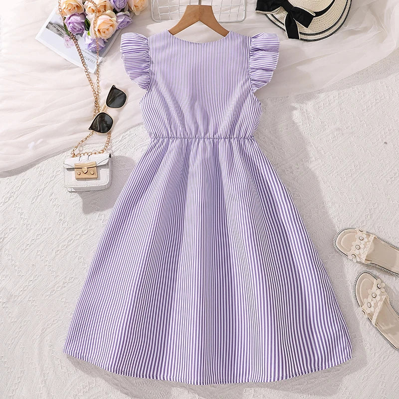Girl Dress Summer New Light Blue Stripe Ruffled Sleeveless V-Neck Dress Elegant Cute Daily Casual Vacation Preppy Style Outifits