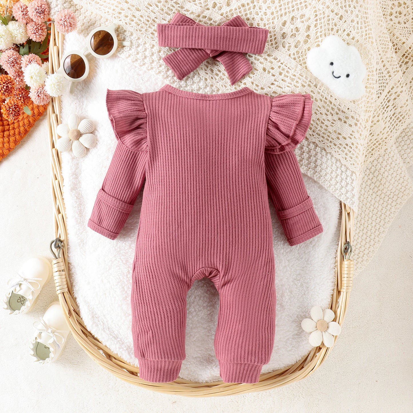 2PCS Autumn New Style 0-1 Year Old Girl Baby Sweet And Cute Solid Color Flying Sleeve Waffle Long-Sleeved Jumpsuit + Hair Band