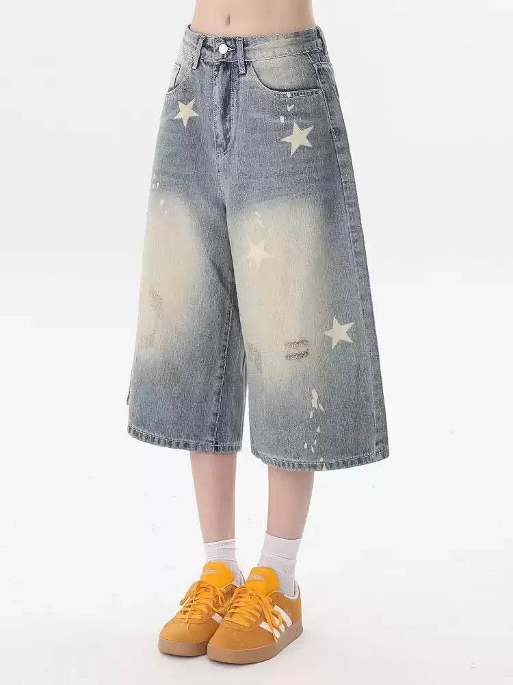 Street Y2K Vintage Washed Cat Whiskered Style embroidered Bermuda Jeans Knee Length Denim Jorts Casual Shorts Cropped Trousers - AIAZ
