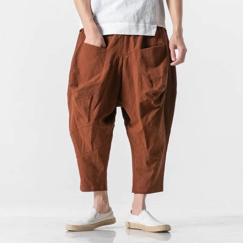 2025 Men Linen Pants Mens Wide Crotch Harem Pants Man Chinese Style Ankle-Length Pants Male Wide-Legged Bloomers Trousers - AIAZ