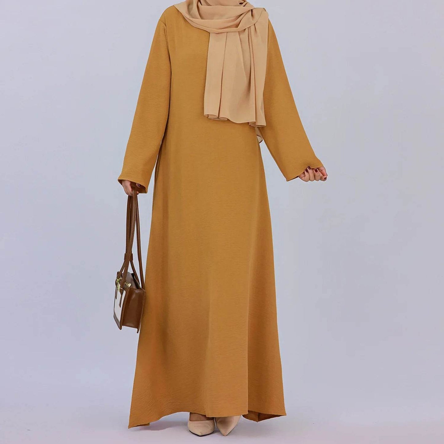 2025 Fashion Simple Muslim Dress Solid Abaya Arab Turkey Dubai Kaftan Modest Long Sleeve Maxi Dress Islamic Clothing LR593 - AIAZ