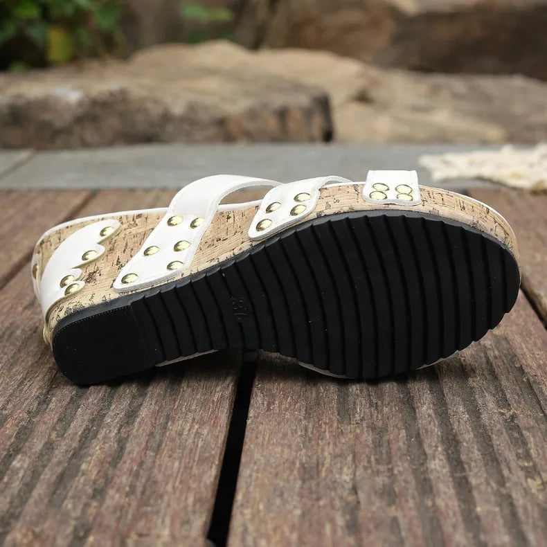 Women's Open Toe Wedge Heel Waterproof Platform Sandals Plus Size 2025 Summer New Fashion Rivet High Heel Sandals Zapatos Mujer