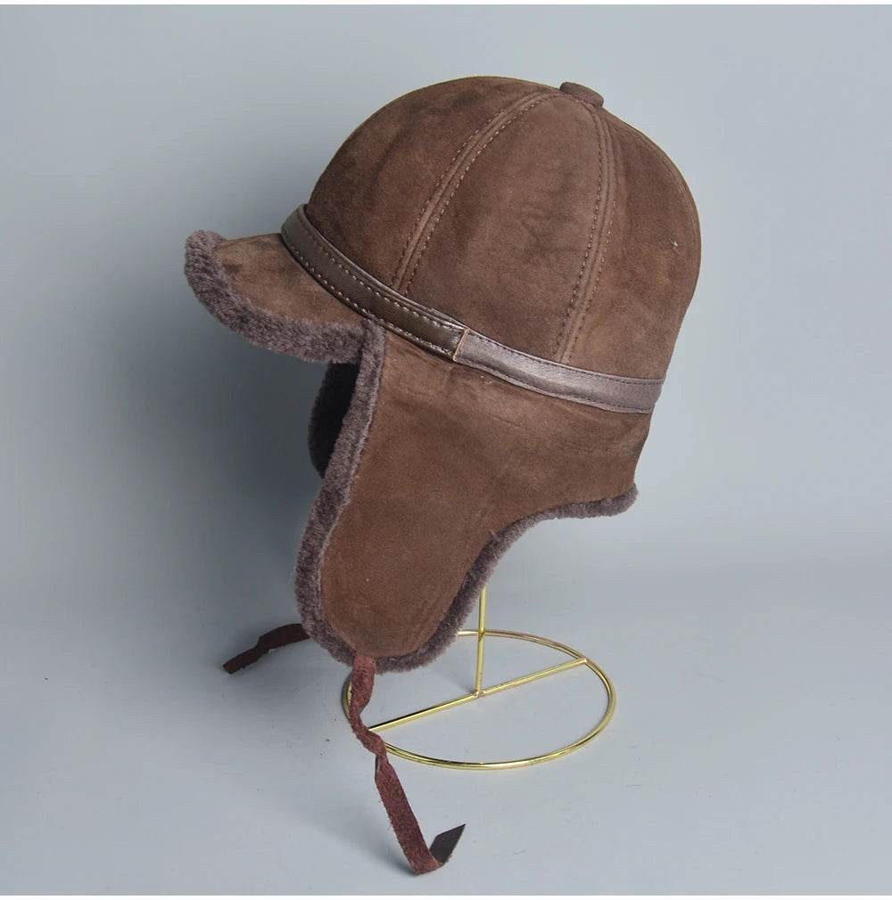 High Quality 2025 Winter Leather Hat Men Fur Lamb Wool Warm Thick Earflaps Bomber Hats Men's Baseball Cap Russian Hat - AIAZ